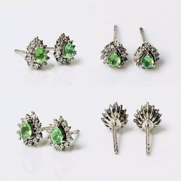 Sterling Silver Peridot Sapphire Stud Earrings - Picture 2 of 5